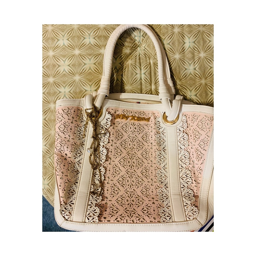 Betsey Johnson Pink & White Laser Cut Lace Handbag